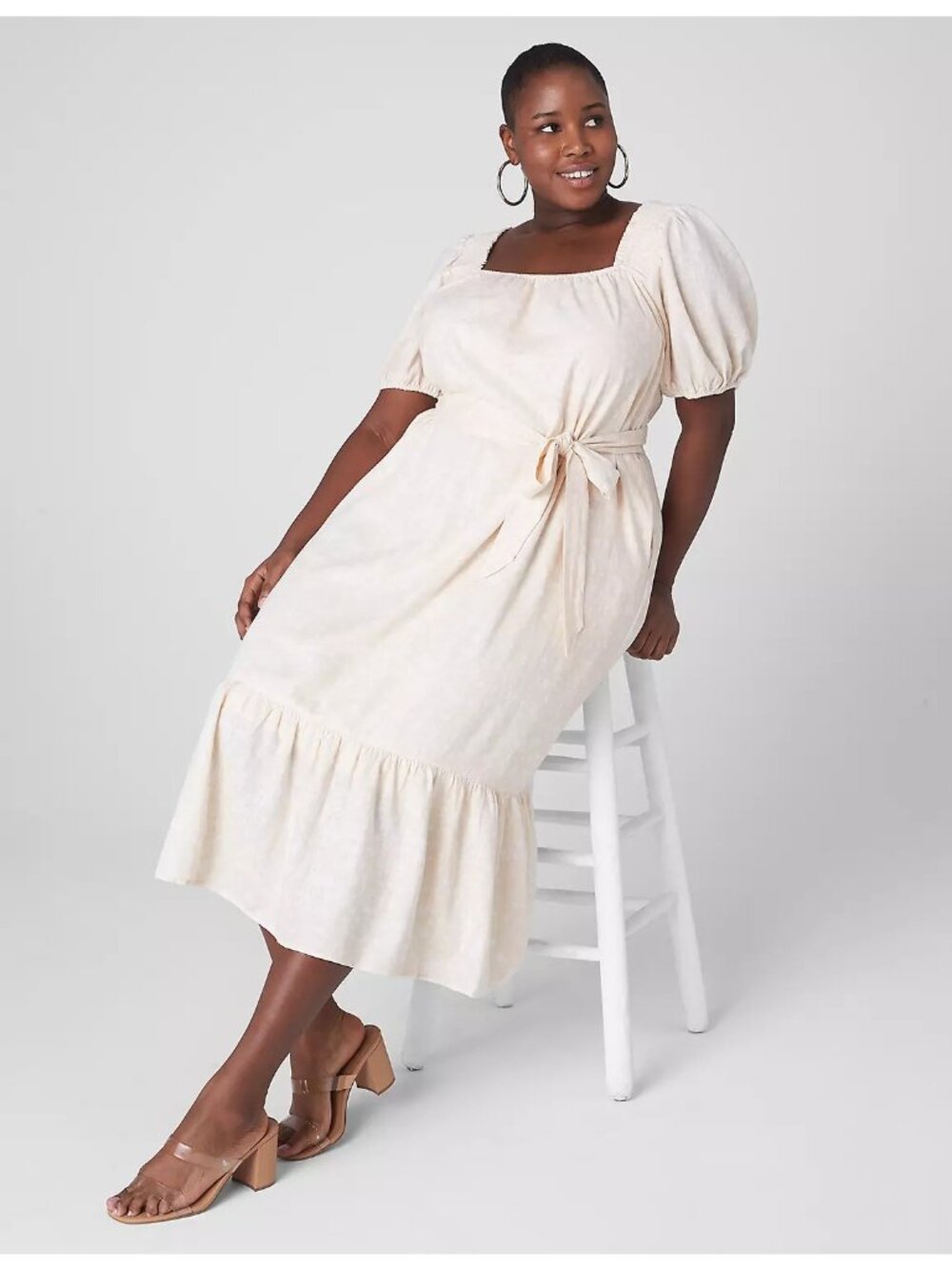 Lane Bryant Dress Size 18/20 Smocked Shoulder Puff Sleeve Tie Waist Neutral Boho